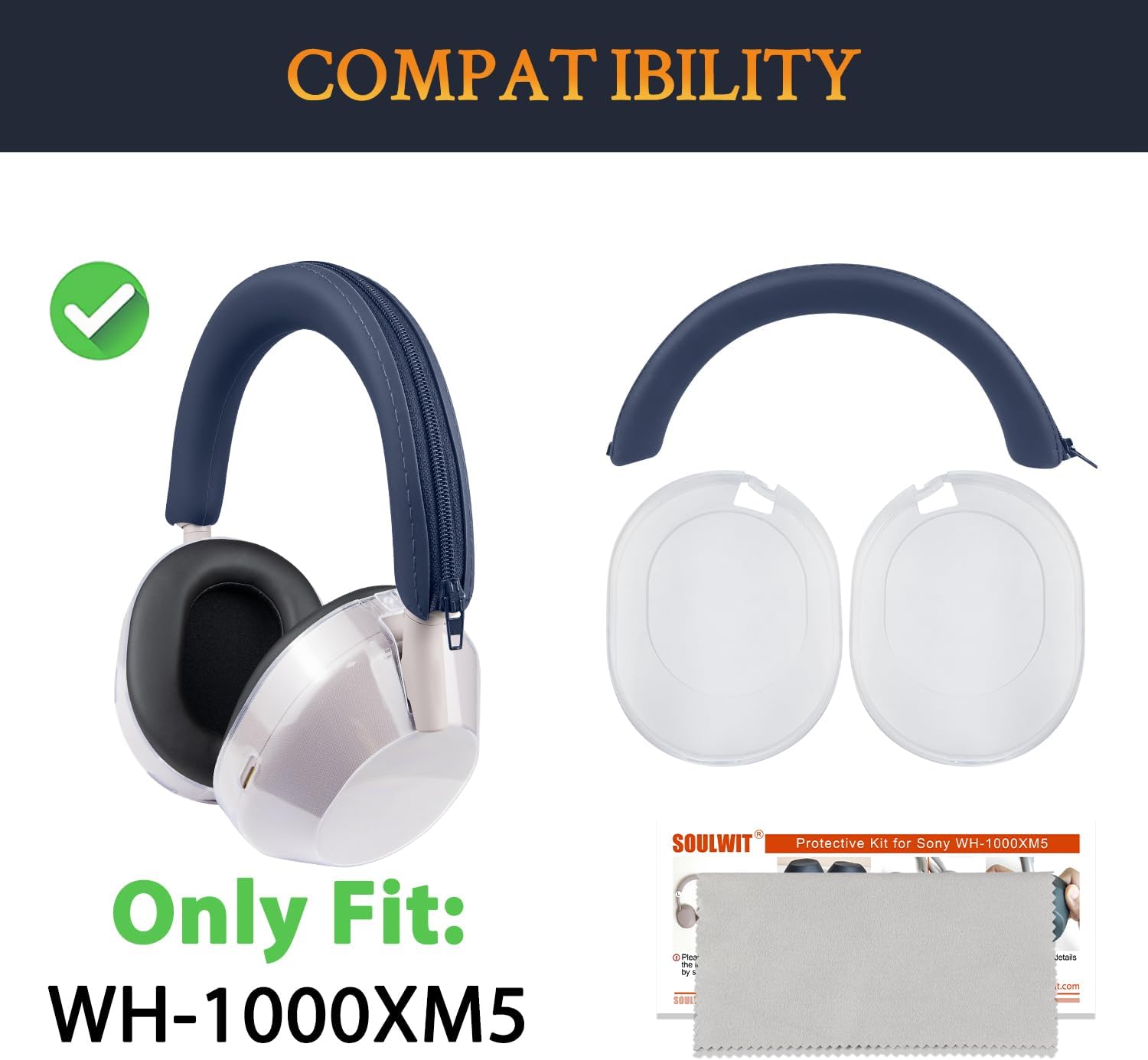 SOULWIT Protective Kit for Sony WH-1000XM5, Silicone Headband Cover + TPU Case Cover Protectors