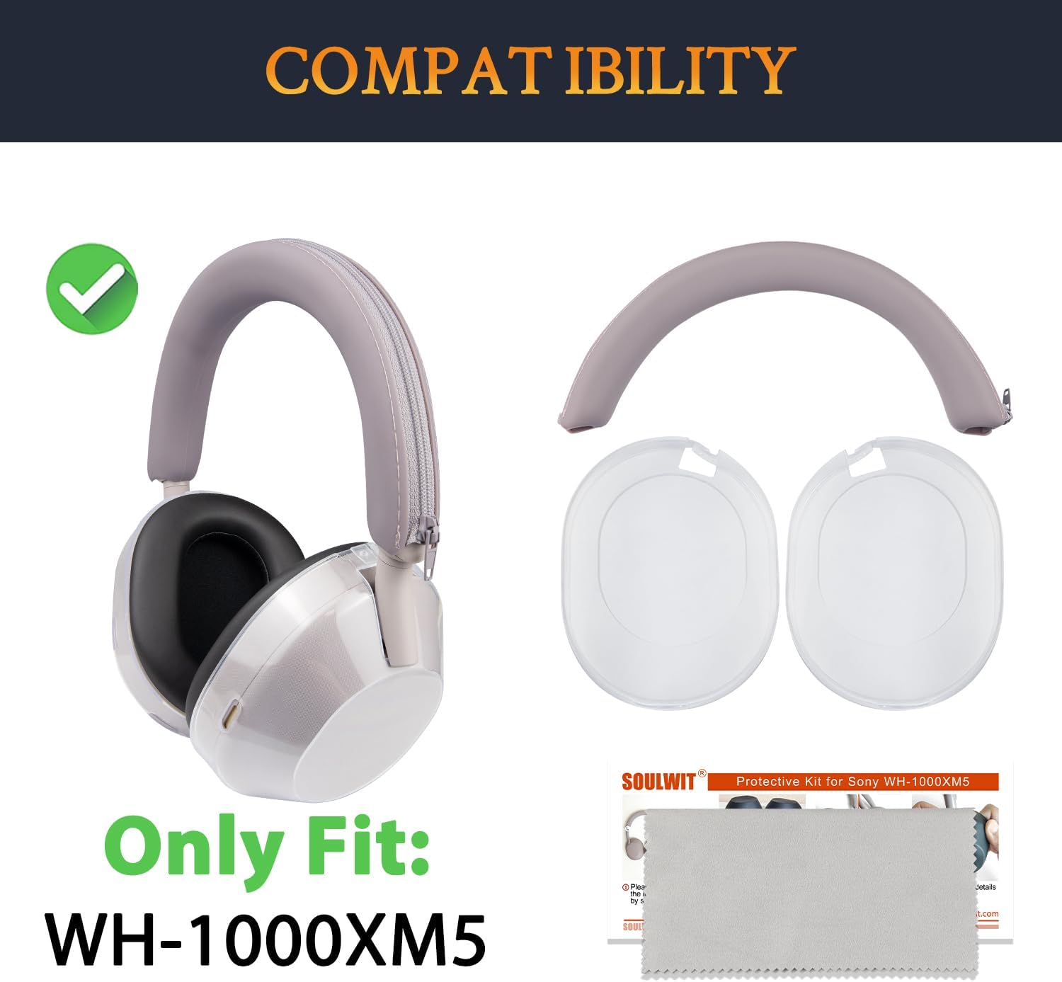 SOULWIT Protective Kit for Sony WH-1000XM5, Silicone Headband Cover + TPU Case Cover Protectors