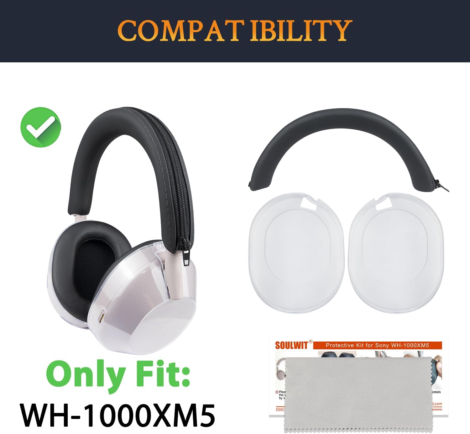 SOULWIT Protective Kit for Sony WH-1000XM5, Silicone Headband Cover + TPU Case Cover Protectors