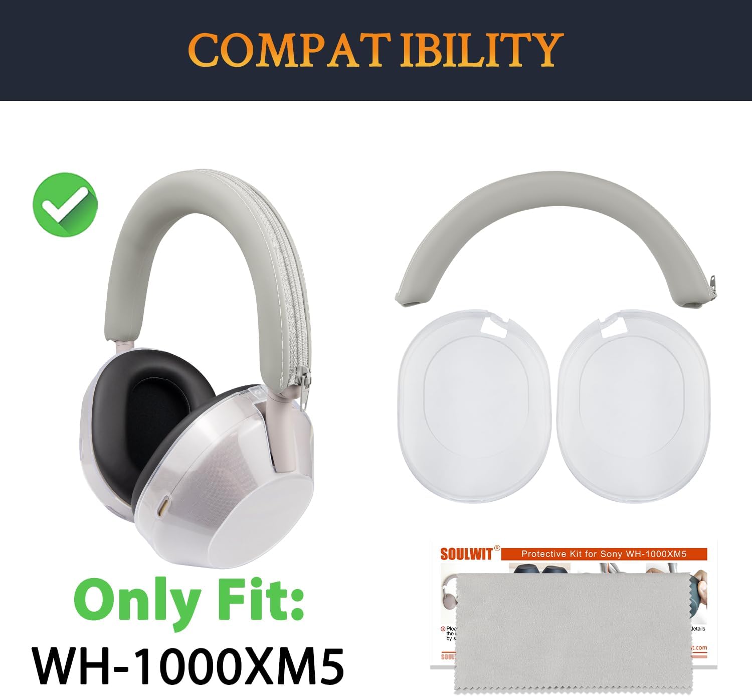 SOULWIT Protective Kit for Sony WH-1000XM5, Silicone Headband Cover + TPU Case Cover Protectors