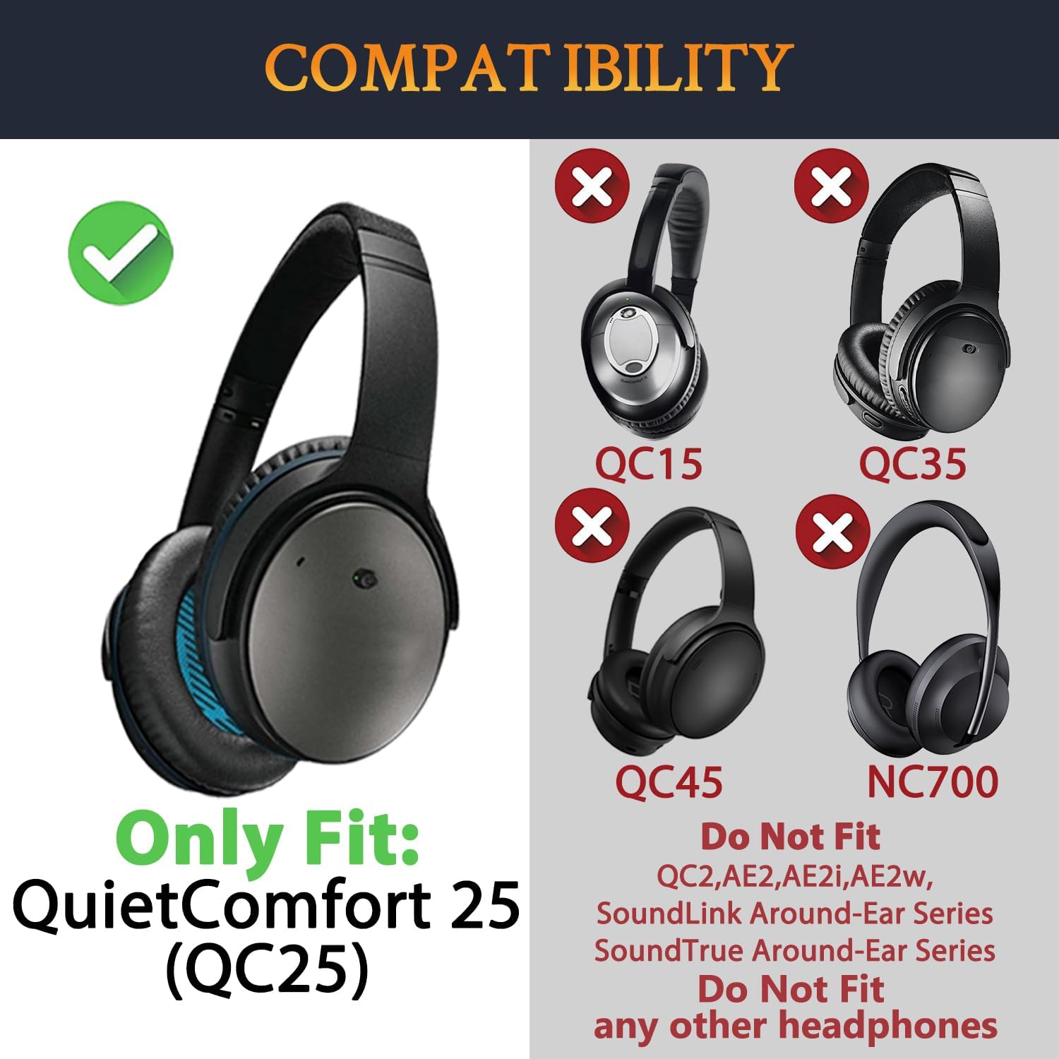 SOULWIT Replacement Kit for Bose QuietComfort 25, Earpads + Headband + Earpads Cover