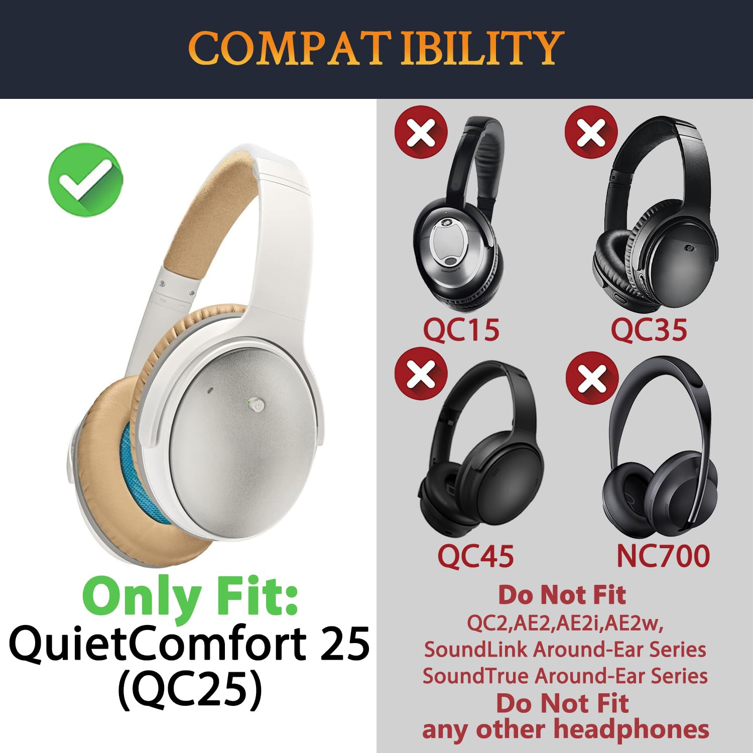 SOULWIT Replacement Kit for Bose QuietComfort 25, Earpads + Headband + Earpads Cover