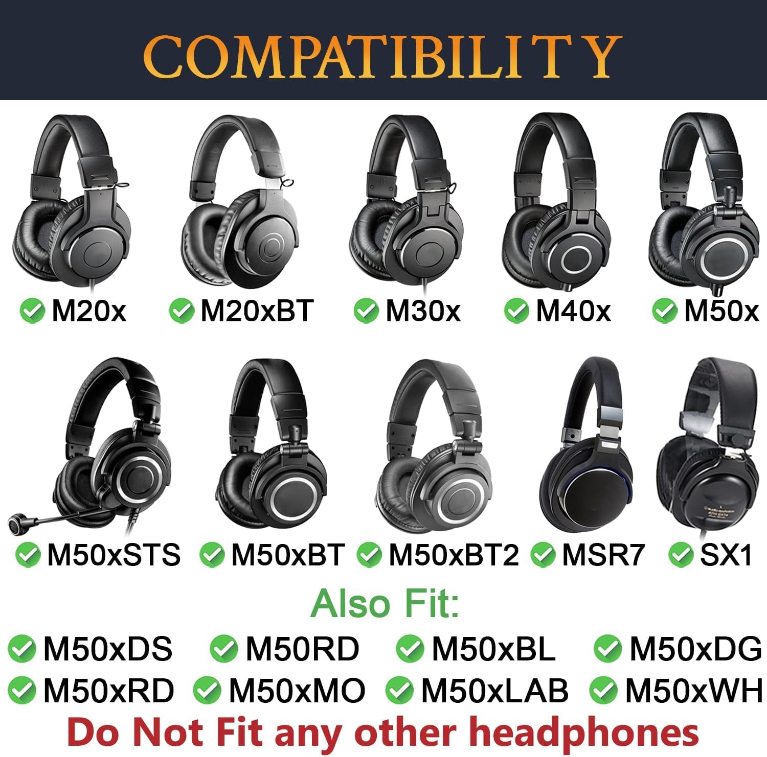 SOULWIT Earpads for Audio-Technica ATH M50, M50X, M50XBT, M50XBT2, M50XSTS, M40x, M30x, M20xBT, M20X, SX1, MSR7 Monitor - Protein Leather