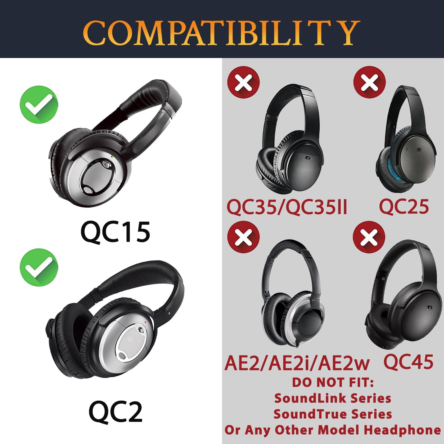 SOULWIT Replacement Kit for Bose QuietComfort 15, QuietComfort 2, Earpads + Headband + Earpads Cover
