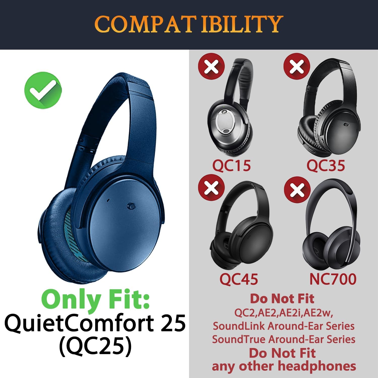 SOULWIT Replacement Kit for Bose QuietComfort 25, Earpads + Headband + Earpads Cover