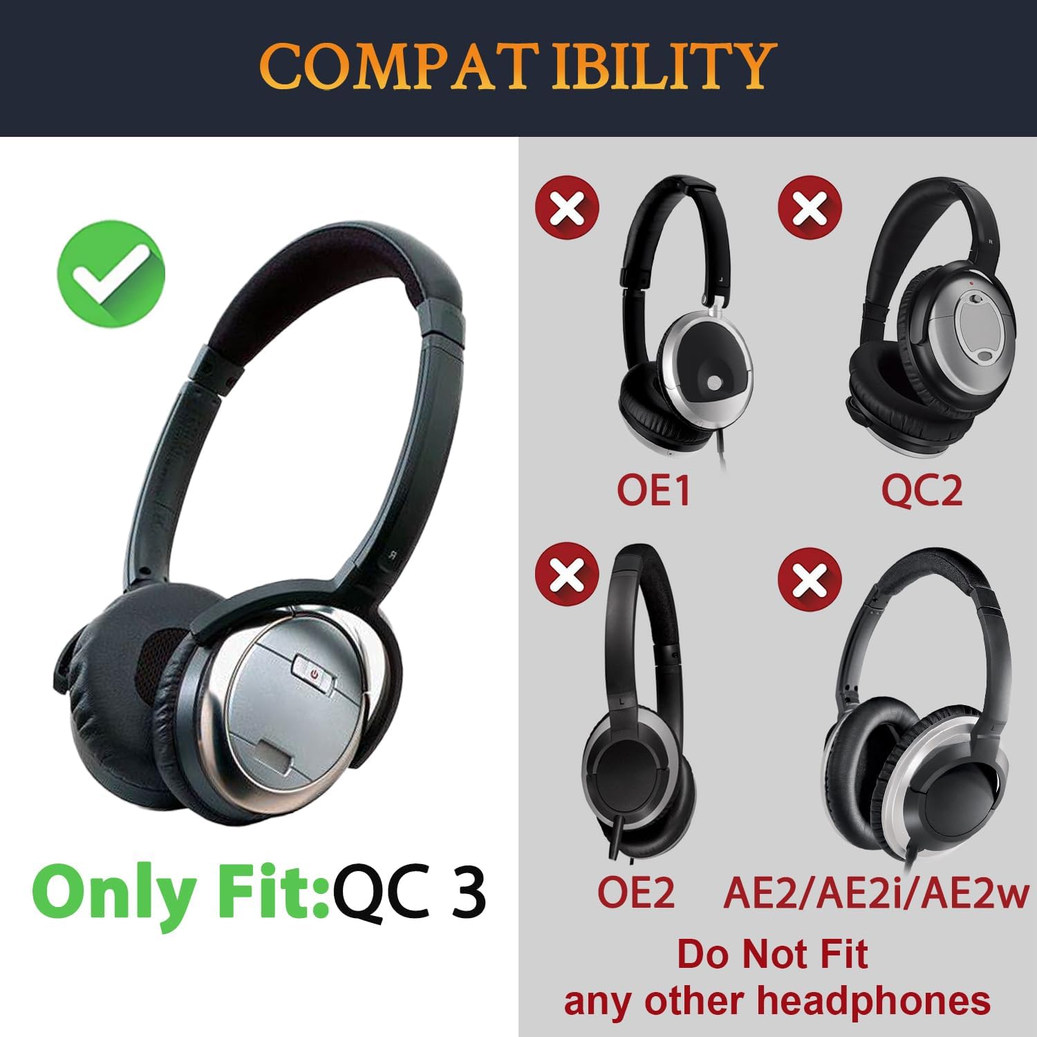 SOULWIT Replacement Kit for Bose QuietComfort 3, Earpads + Headband