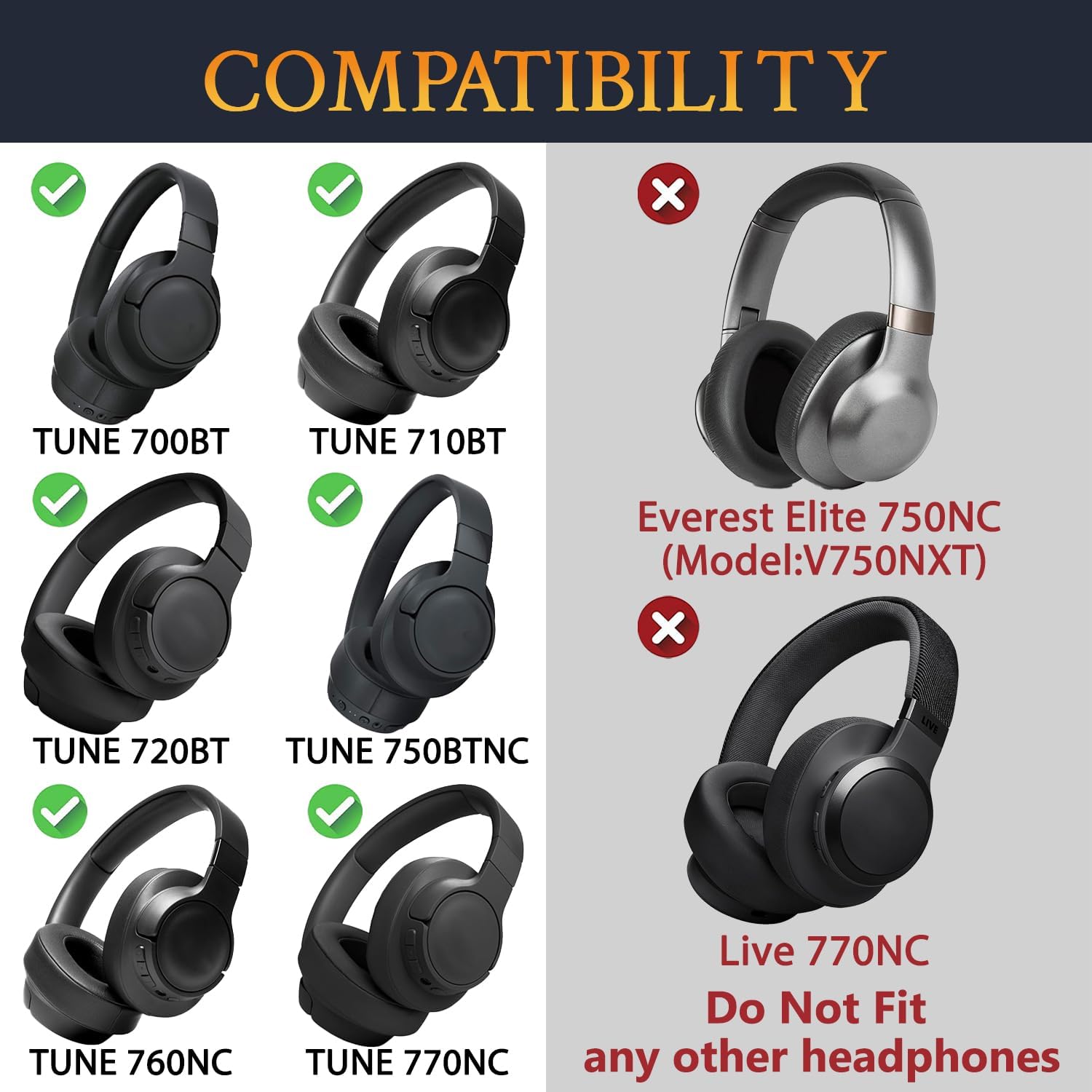 SOULWIT Earpads for JBL Tune 700BT, 710BT, 720BT, 750BTNC, 760NC, 770NC - Protein Leather