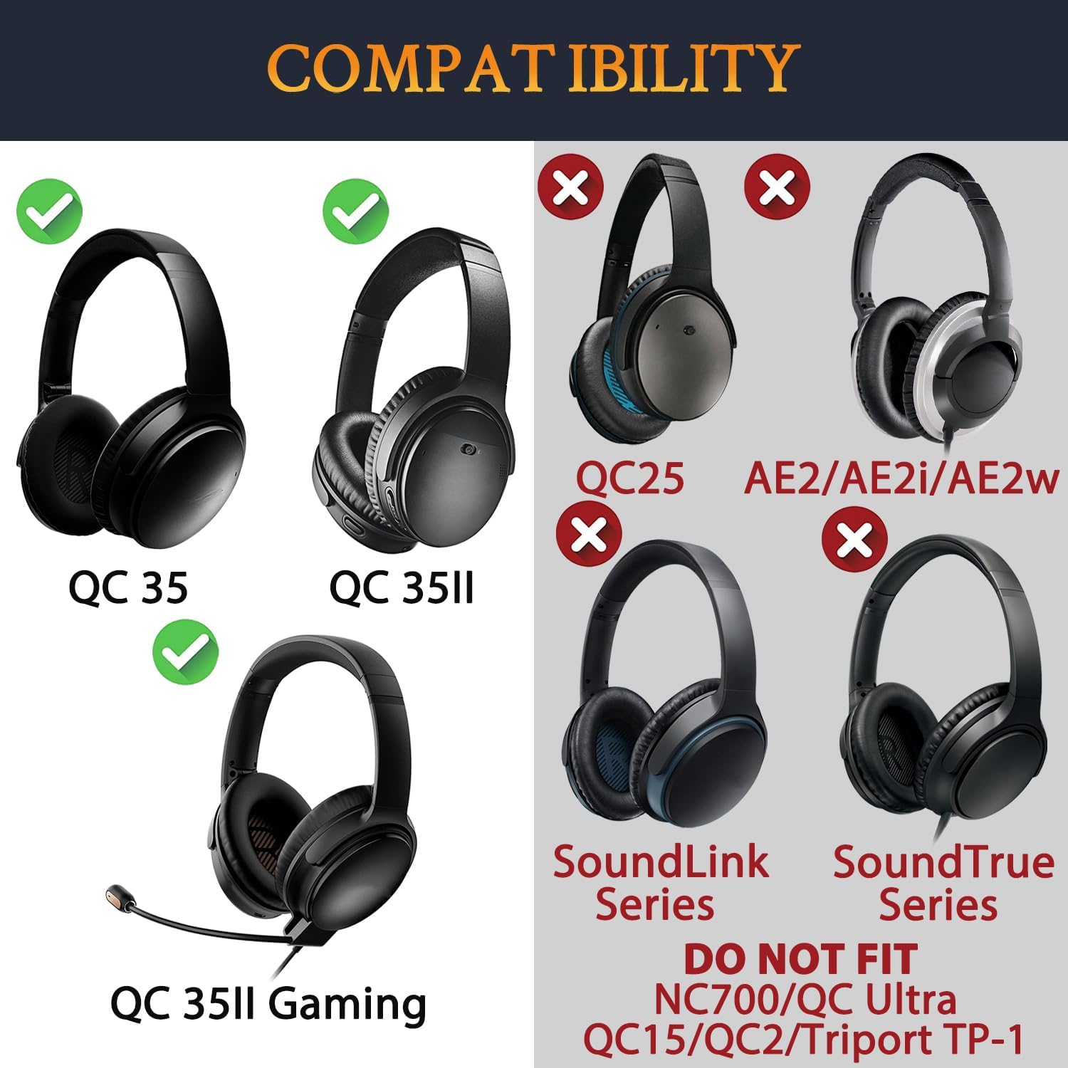 SOULWIT Earpads + Headband + Silicone Earpads Cover for Bose QuietComfort 35 Series