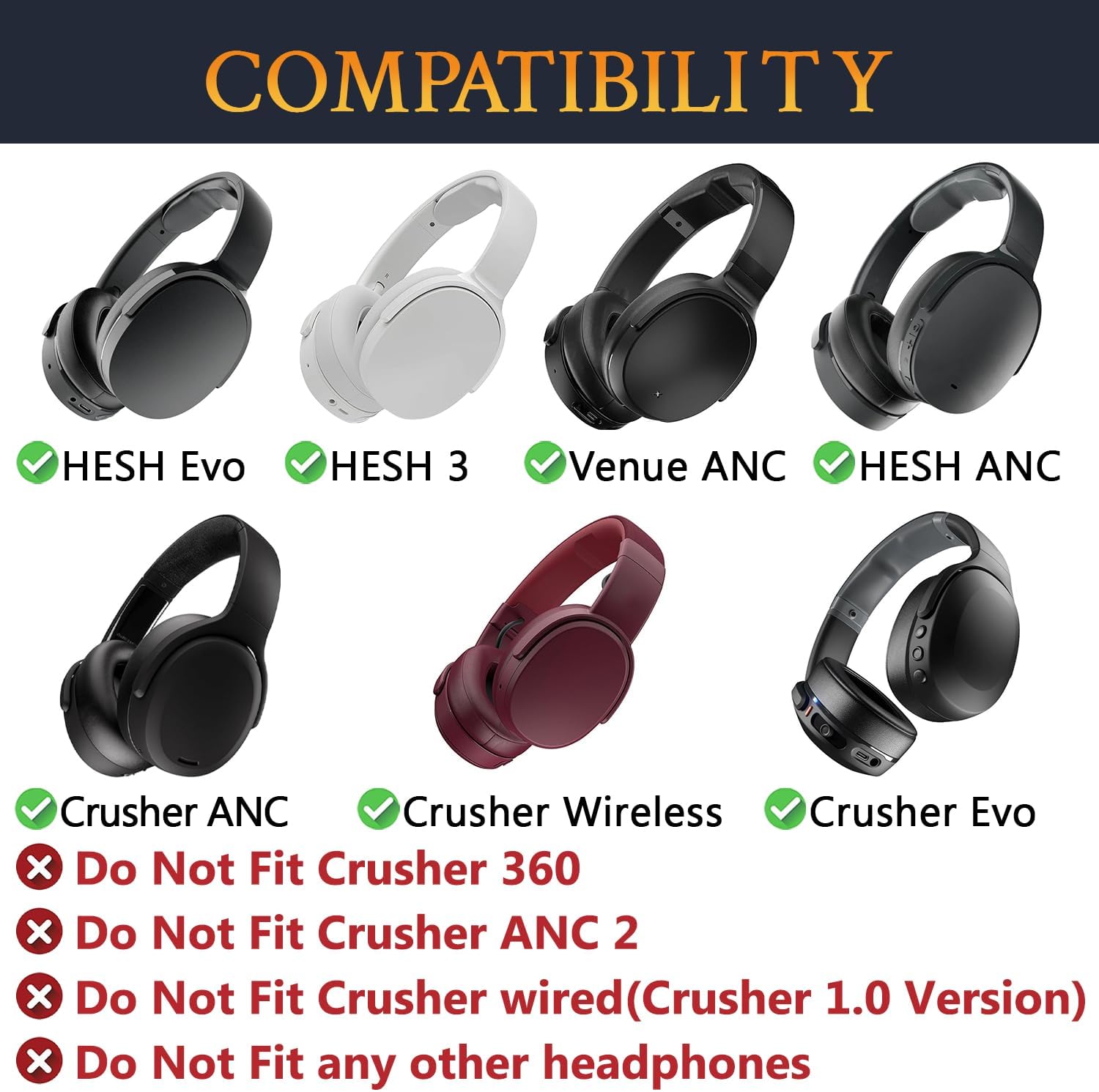 SOULWIT Earpads for Skullcandy Hesh 3/ANC/Evo & Crusher Wireless/ANC/Evo & Venue ANC - Protein Leather