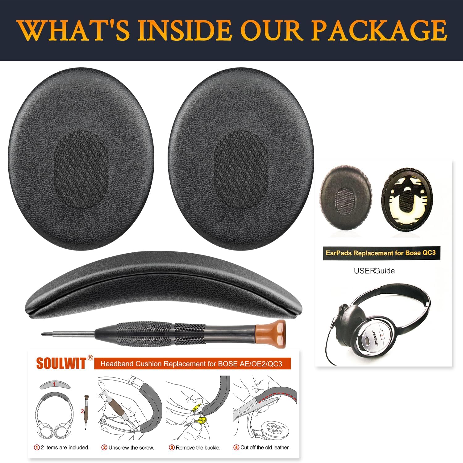 SOULWIT Replacement Kit for Bose QuietComfort 3, Earpads + Headband